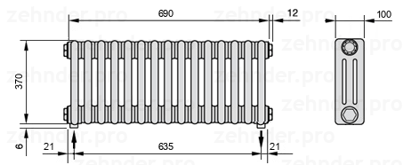 Схема (чертеж) Радиатор Zehnder Charleston 3037/15 №3570 Белый глянцевый RAL 9016